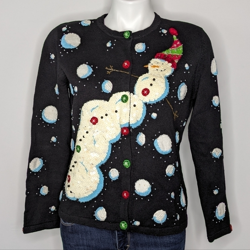 Vintage Berek black white snowman winter holiday Christmas cardigan sweater M
